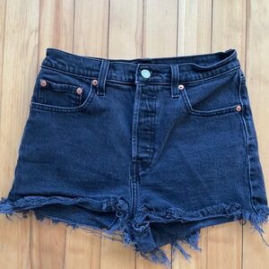 Levi's Ribcage Shorts Black Denim High Waisted Frayed Hem Size 28